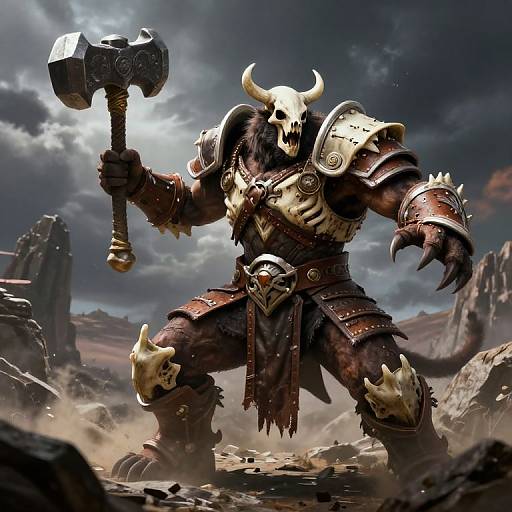 Digital artwork of a fierce, horned warrior in skull armor, wielding a massive hammer, standing on a rocky, desert-like battlefield under a stormy