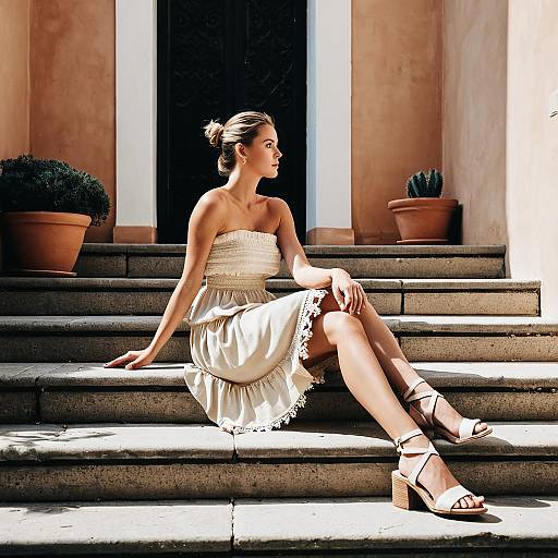 Woman Sitting on Stone Steps in Ivory Dress
