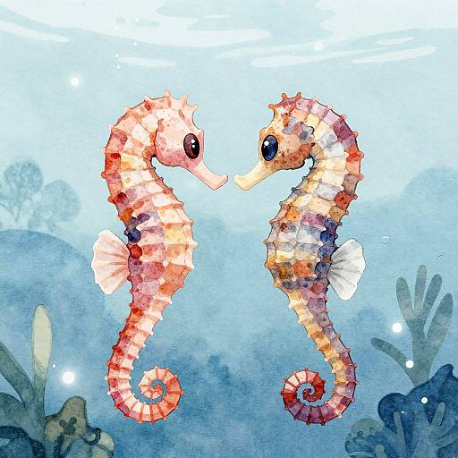 Watercolor illustration of two colorful seahorses facing each other, with a blue underwater background, and light bubbles and seaweed.