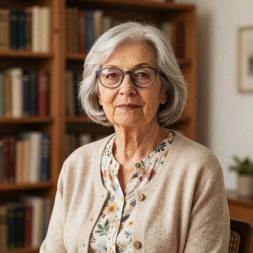 Photograph of an elderly woman with gray hair, glasses, floral blouse, beige cardigan, sitting in a sunlit library with bookshelves in