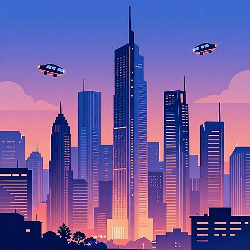 Digital illustration of a vibrant, purple-blue and pink sunset city skyline with tall skyscrapers and three flying saucers in the sky.