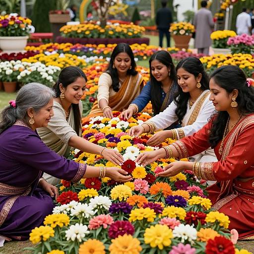 Photograph of five Indian women in colorful traditional sarees, sitting in a vibrant flower garden, smiling and picking bright yellow, red, white, and