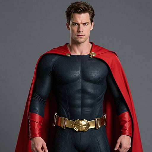 Photograph of Chris Hemsworth as Superman, wearing a black textured suit, red cape, and gold belt, standing against a gray background.