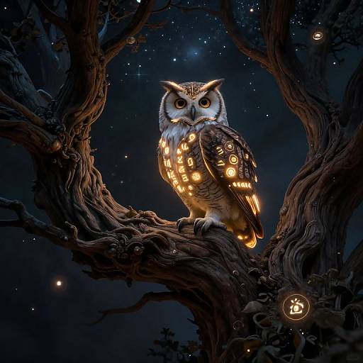 Digital artwork of a glowing owl with illuminated feathers perched on a twisted tree branch against a starry night sky.