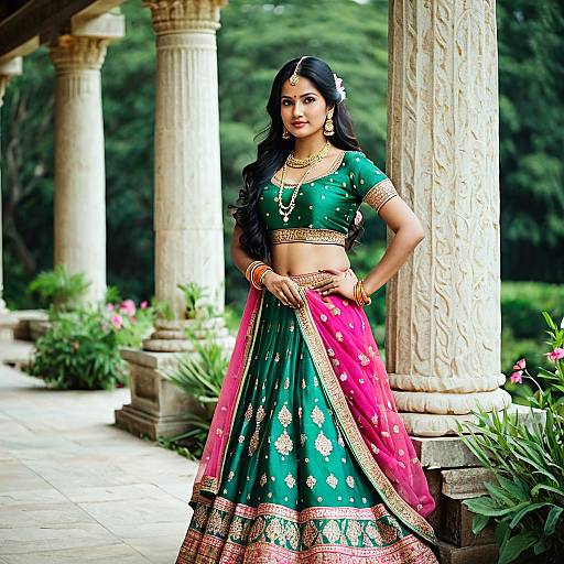 Indian Woman in Traditional Green and Pink Lehenga