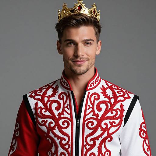 Photograph of a handsome, bearded man with short dark hair, wearing a gold crown and ornate red and white robe with intricate patterns, against