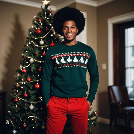 Smiling man in Christmas sweater by decorated tree