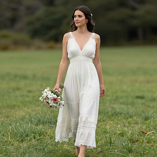 Photograph of a dark-haired woman in a white, V-neck, lace dress, holding a bouquet of white and pink flowers, standing in a grass