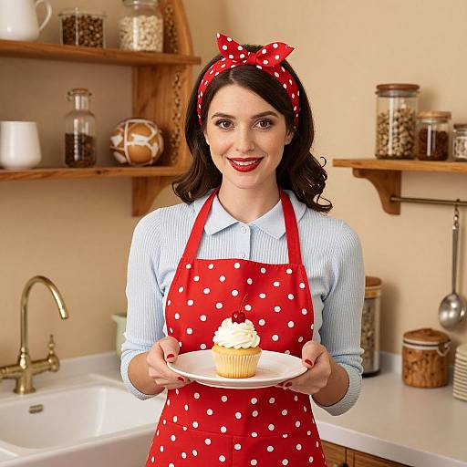 Photograph of a smiling woman with dark hair, red polka dot headband, red polka dot apron, holding cupcake on white plate