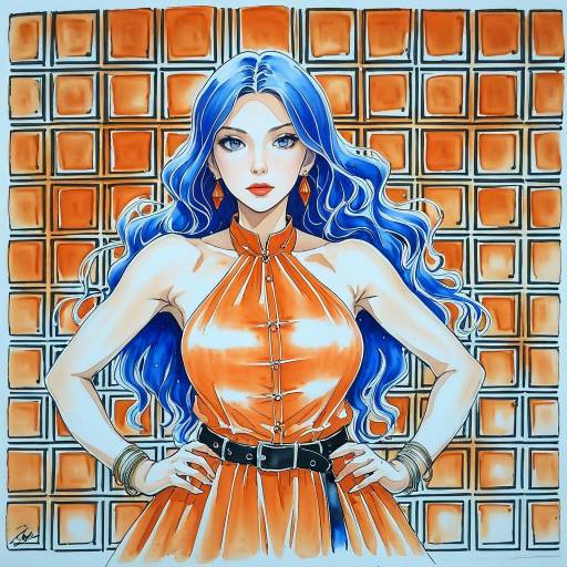 Elegant Blue-Haired Girl in Orange Dress
