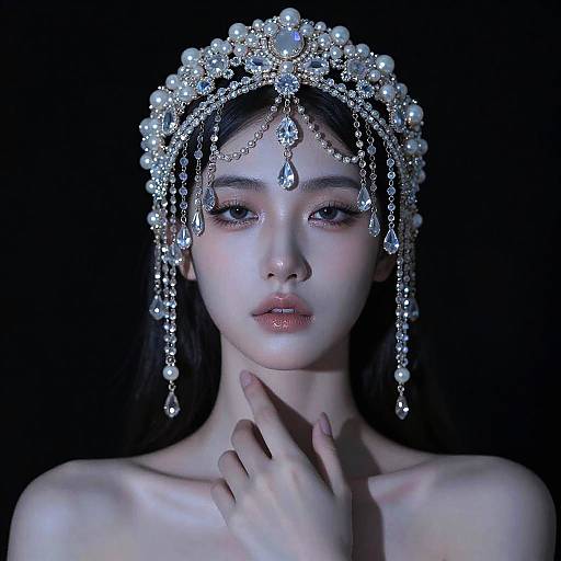 Photograph of an Asian woman with pale skin, dark hair, and piercing blue eyes, wearing an ornate silver headpiece with pearls and teard