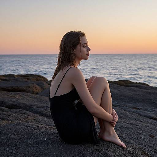 Photograph of a young woman with wet, shoulder-length brown hair, sitting on black rocks by the ocean at sunset, wearing a black, spaghetti-