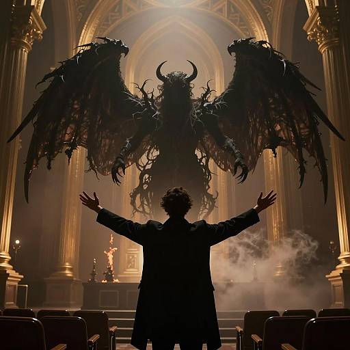 Dark Winged Demon Hovering Over Man in Ornate Hall