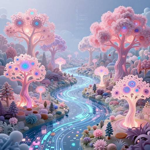 Digital CGI artwork of a surreal, glowing forest with neon pink and blue trees, winding blue river, and vibrant, abstract flora.