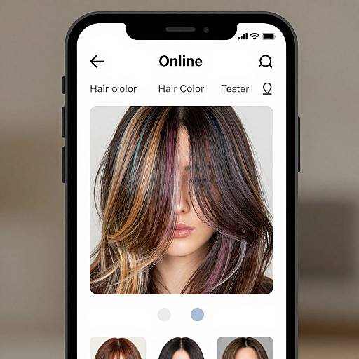 Photograph of a smartphone screen displaying a hair color tester app with a woman's face, featuring multicolored brown and blonde hair.