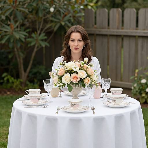 Photograph of a smiling woman with wavy brown hair, wearing a white blouse, seated at a round table with an elegant floral arrangement, set with
