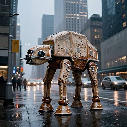 Photograph of a large, metallic, four-legged robot resembling an AT-ST from Star Wars standing on a rainy city street with skyscrapers and cars