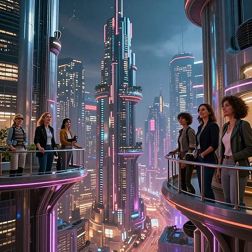 Photograph of five business professionals in a futuristic, neon-lit city with towering skyscrapers, standing on a curved glass balcony at night.