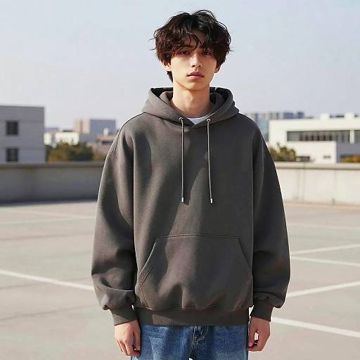 Photograph of a young man with messy dark hair, wearing a gray hooded sweatshirt and blue jeans, standing on a sunny rooftop.