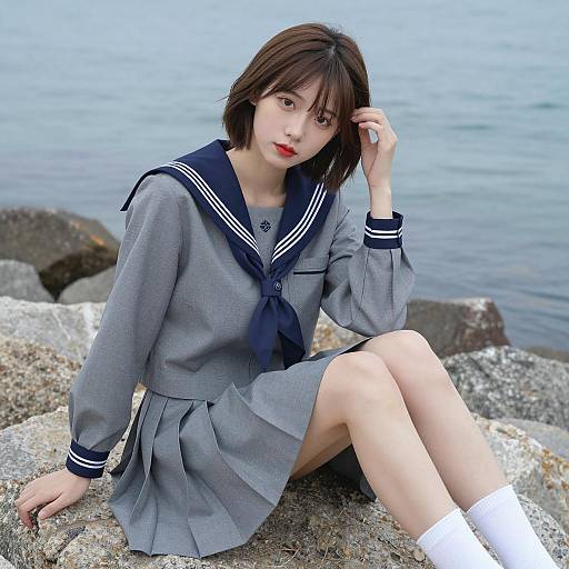 Serene Asian Woman by the Sea