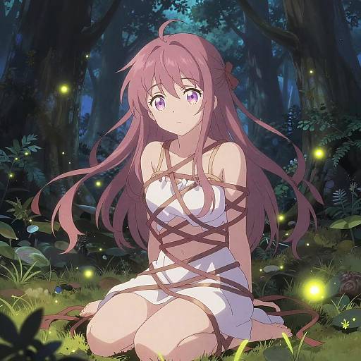 Anime-style digital illustration of a purple-haired girl with large purple eyes, bound in brown rope, wearing a white dress, kneeling in a dark forest with