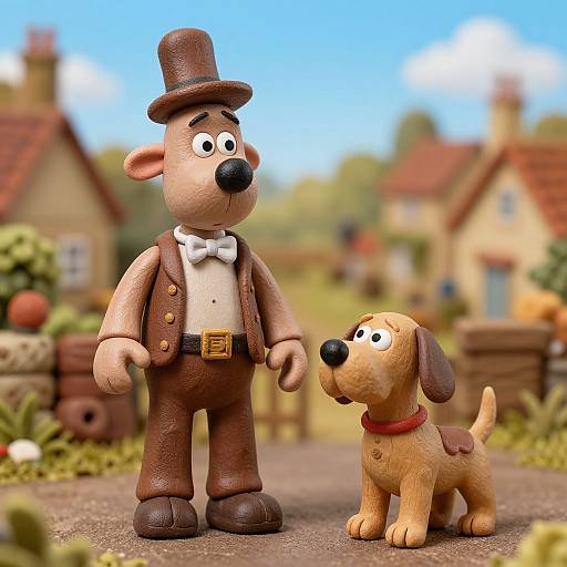 CGI image of a cartoon dog and anthropomorphic man in brown suit, bowtie, and top hat, standing on a path in a colorful,