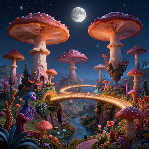 Whimsical digital artwork of a moonlit fantasy forest with glowing, oversized red-capped mushrooms, a luminous bridge, colorful alien-like plants,