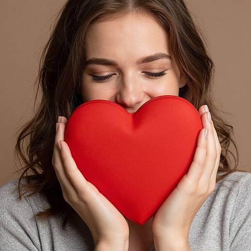 Woman Embracing Vibrant Red Heart