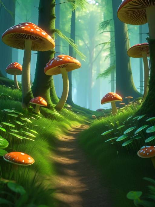 Lush Mushroom Forest with Scenic Godrays