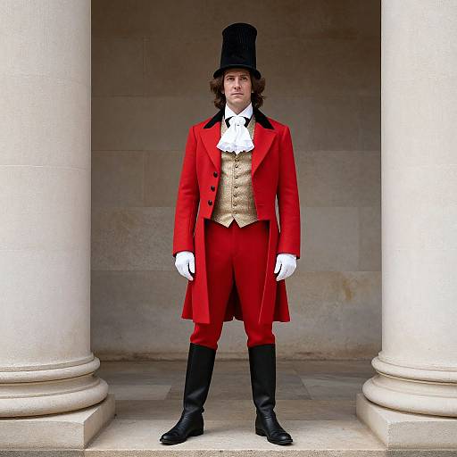 Photograph of a man in 18th-century Georgian attire: red coat, gold vest, white cravat, black knee-high boots, tall