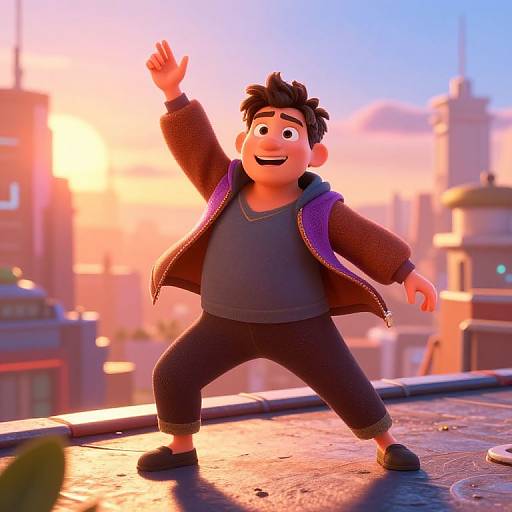 3D animated cartoon boy with dark hair, black shirt, purple jacket, black pants, waving, standing on rooftop at sunset, cityscape background.