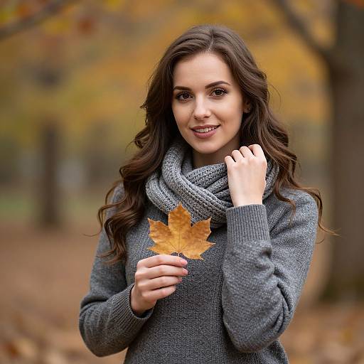Photograph of a smiling young woman with long brown hair, wearing a gray knit sweater and scarf, holding a yellow maple leaf in an autumn park.