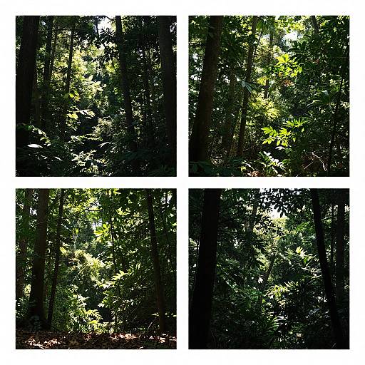 Photograph collage of four square images showcasing dense, sunlit forest with tall trees and bright green leaves, emphasizing dappled light and shadow.