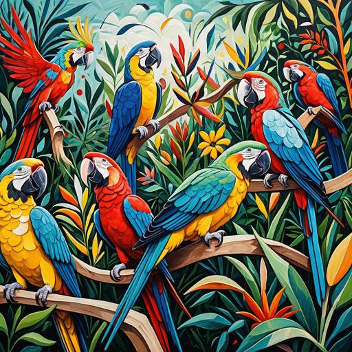 Picasso-Style Colorful Parrots in Abstract Garden