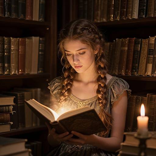 Photograph of a young woman with braided brown hair, reading a glowing book in a dimly lit library, candlelit background.