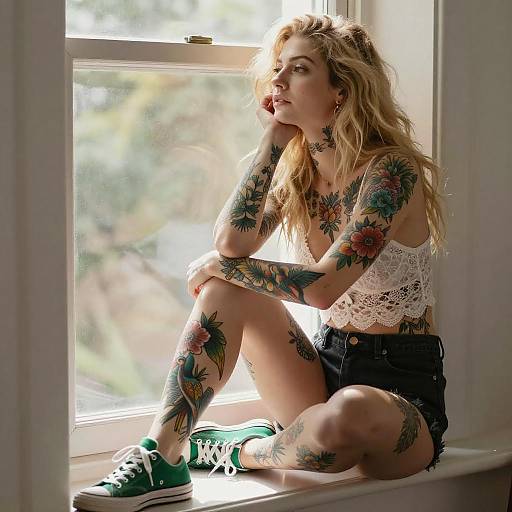 Tattooed Woman on Sunlit Windowsill