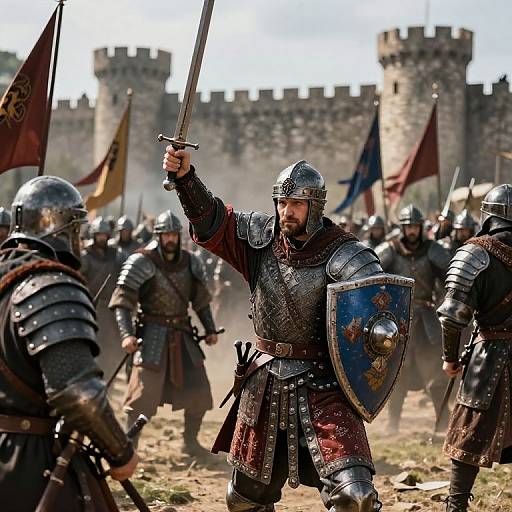 Photograph of medieval battle scene: armored knight with sword raised, shield, and helmet, surrounded by fellow warriors, castle in background.