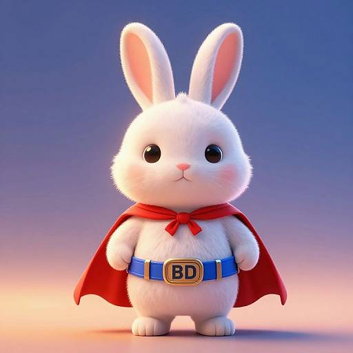 CGI image of a cute, fluffy white rabbit with large black eyes, wearing a red cape and blue belt with a gold 