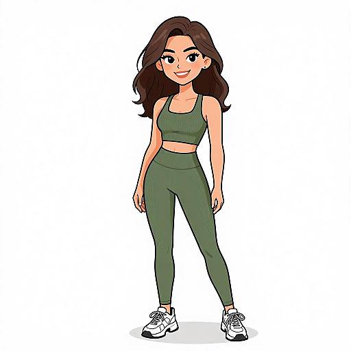 Digital cartoon of a smiling young woman with long brown hair, wearing a green sports bra and matching high-waisted leggings, white sneakers, standing confidently