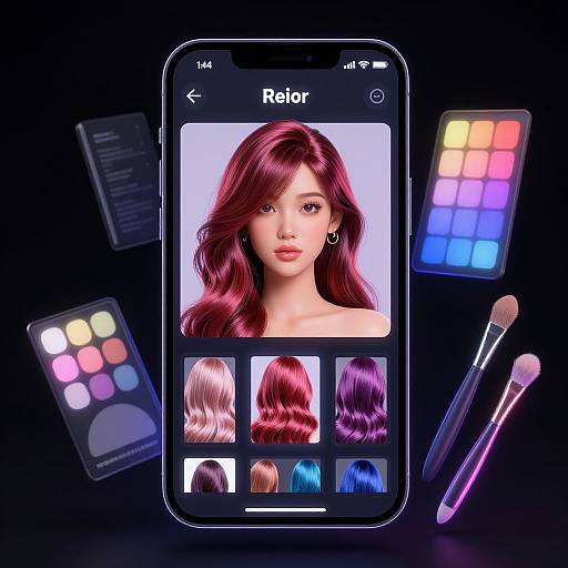 CGI image of a smartphone displaying a beauty app with a pink-haired woman, surrounded by colorful palettes and makeup brushes.