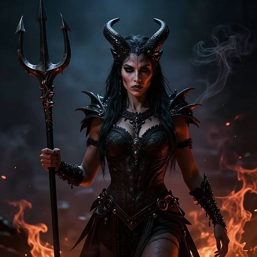 Digital artwork of a fierce, dark-haired demoness with black horns, holding a trident, surrounded by fiery flames, wearing spiked armor.
