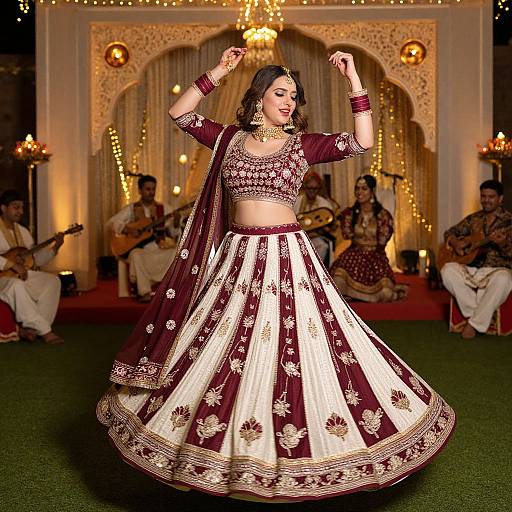 Photograph of a South Asian woman in a maroon and white traditional lehenga, dancing in a beautifully lit, ornate hall with musicians in the