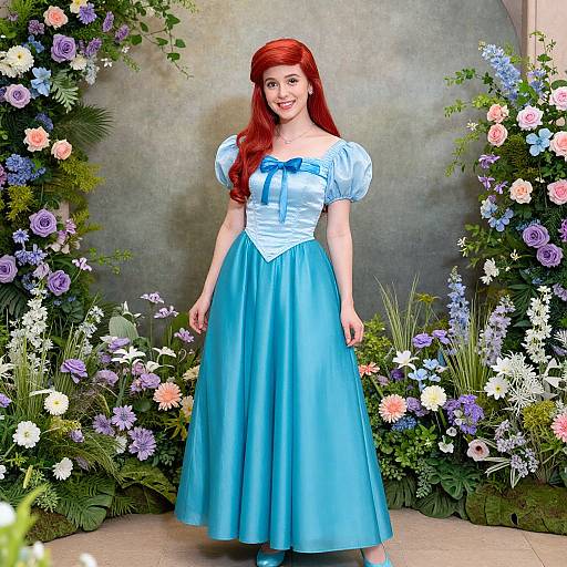 Digital illustration of a red-haired woman in a blue Cinderella dress, standing in a floral garden archway with vibrant flowers.