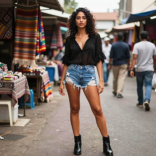 Photograph of a confident woman with curly black hair, wearing a black blouse and frayed denim shorts, standing in a bustling outdoor market with colorful textiles