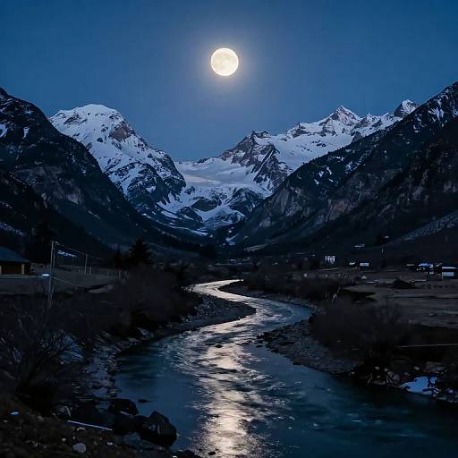 Photograph of a moonlit night scene featuring a snow-capped mountain range, a winding river reflecting the moonlight, and a clear blue sky.