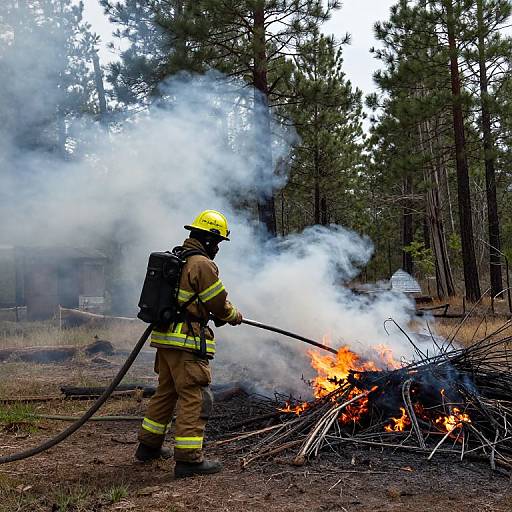 Photograph of a firefighter in yellow helmet and brown gear, extinguishing a large pile of burning wood and metal in a forest. Thick white smoke rises