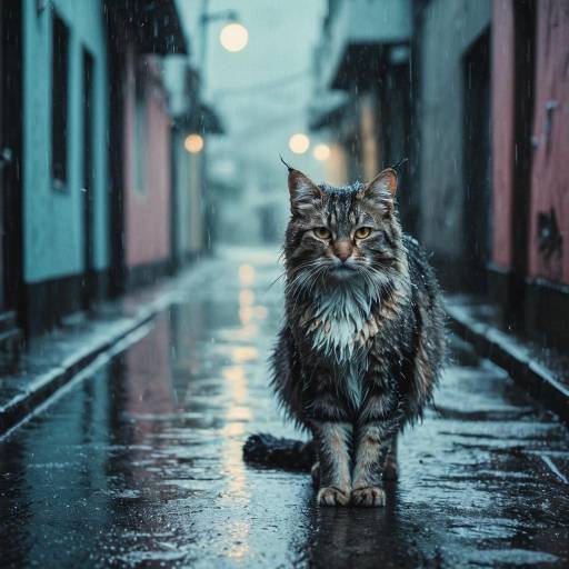Wet Stray Cat in Rainy Alley
