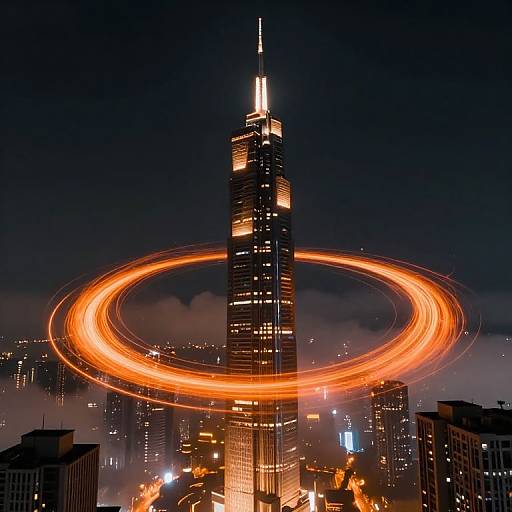 Photograph of a city skyscraper at night with a bright, circular light trail encircling its top, illuminated against a dark sky with scattered clouds