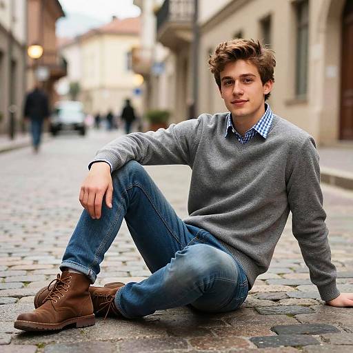 Photograph of a young, handsome Caucasian man with tousled brown hair, wearing a gray sweater, blue checkered shirt, blue jeans, and brown