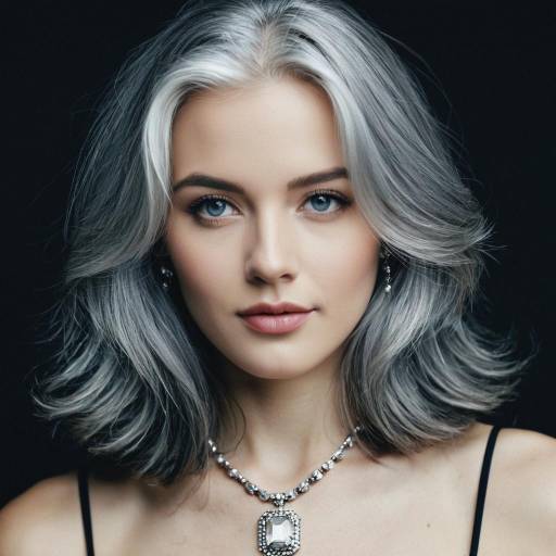 Portrait of Woman with Shoulder-Length Gray Hair and Jewelry